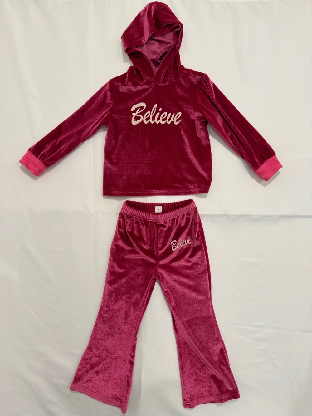 Girls Pink Velour Believe Hoodie & Flare Pants Set 5Y